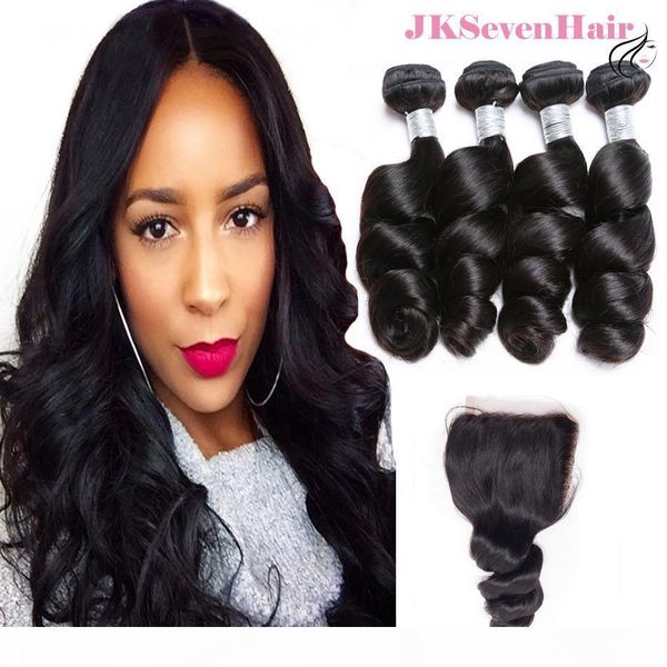 

brazilian virgin human hair bundles 4pcs 4x4 inch lace closure 10a grade loose wave malaysian peruvian indian remy hair extensions, Black