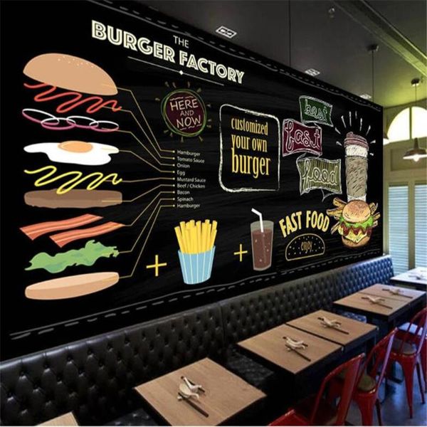 

milofi custom 3d large wallpaper mural european and american hand-painted burger fast restaurant snack bar background wall