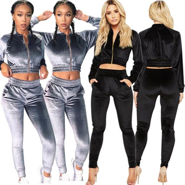 

baby 001 women's clothing solid color open waist korean velvet zipper pocket casual two-piece suit dn8193, Gray