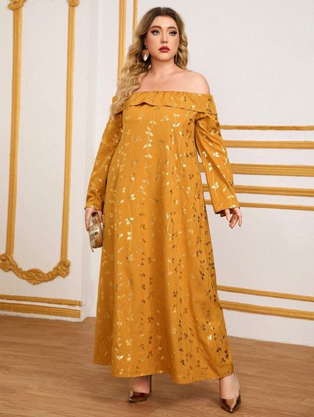 

plus plant and gold print off shoulder ruffle trim dress u4in#, Black