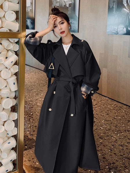 

2021 new trench female coat spring new long fashion lapel double breasted high-end fabric solid jacket h25y, Black;brown