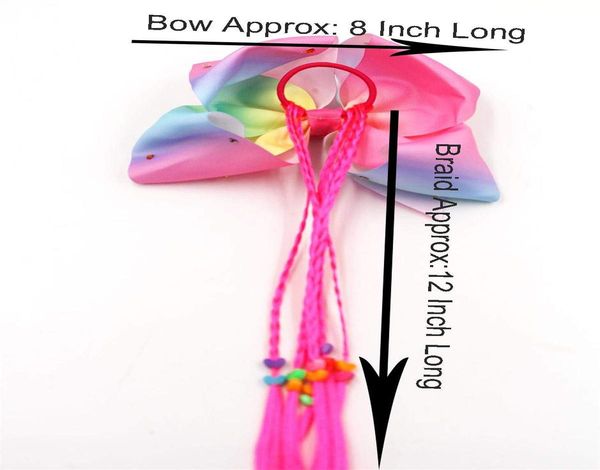 

4pcs 8 inch rhinestone hair bow elastic bands with nylon braided tails wigs rainbow large bows 8 pigtail holder for girls teens wmtoii, Slivery;white