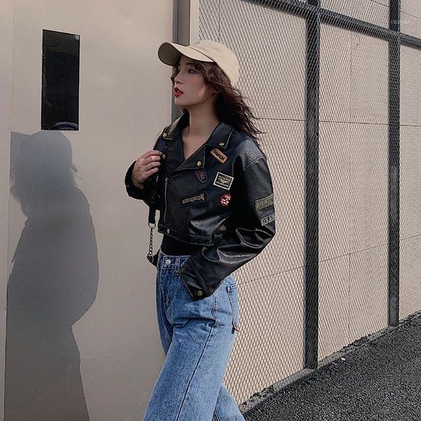 

women faux leather jackets studded graffiti look punk biker moto jacket with patches,high waist navel1, Black;brown