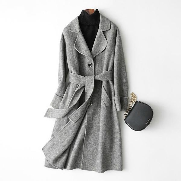 

2020 double-sided wool coat women jacket long cashmere coats turn down collar winter jackets with belt 88106 wyq14921, Black