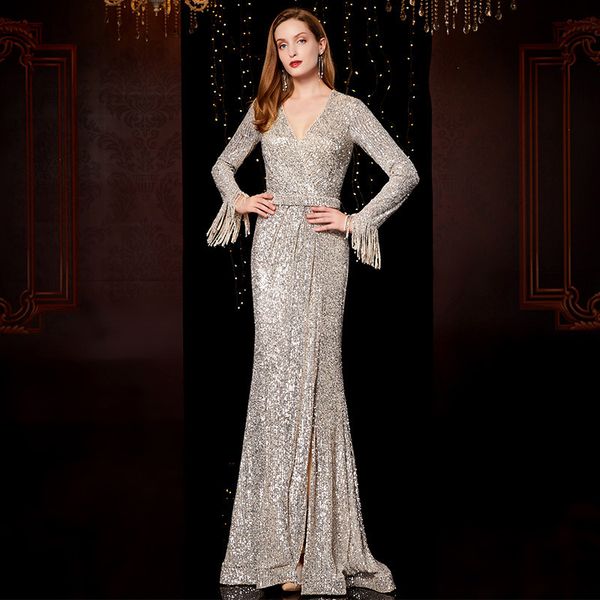 

2021 new elegant sleeve v-neck sequins beading long high waist women party vestidos chy0, Black;gray