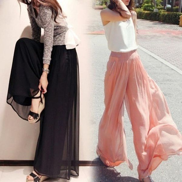

women palazzo pant 2019 causal wide leg pants for women chiffon trouser elegant loose pure color autumn female tulle lining pant, Black;white