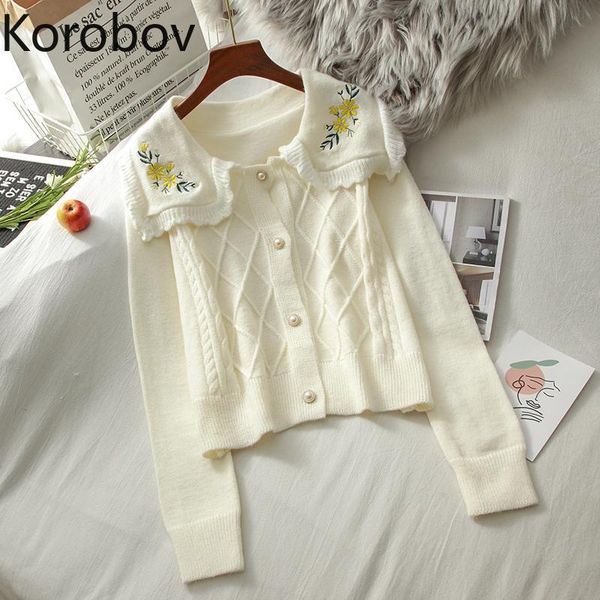 

vintage women flower embroidery sweater korean long sleeve turn-down collar sweaters autumn winter cardigans kg-34, White