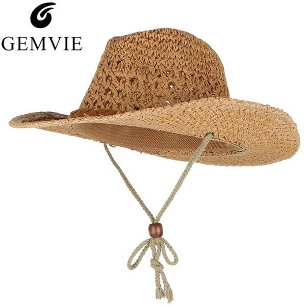 

gemvie cowboy hat summer hats for men women paper straw woven wide brim hollow out straw hat wind lanyard beach sun hat y200602, Blue;gray