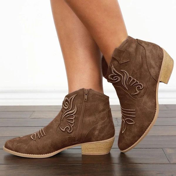 

осень урожай вышивают тотем женщины ботильоны кожа коренастый пятки brown zip остроконечные toe резиновая подошва мода обувь дамы, Black