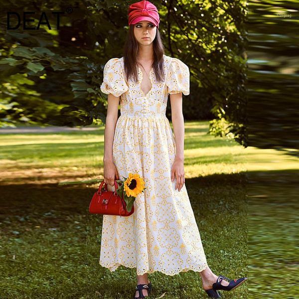 

fashion products summer v-neck short puff sleeves embroidery hollow out runway styles pullover high waist long dress wm10307l1, Black;gray