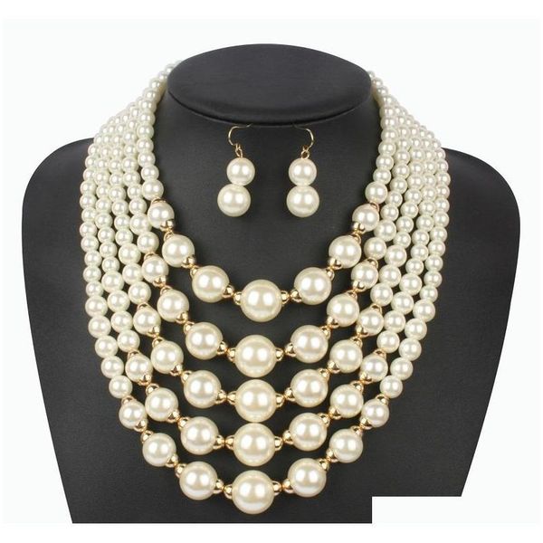 

imitation pearl beige jewelry set elegant wedding classic multilayer handmade beads choker necklaces earring colares femininos for j9a9o, Silver