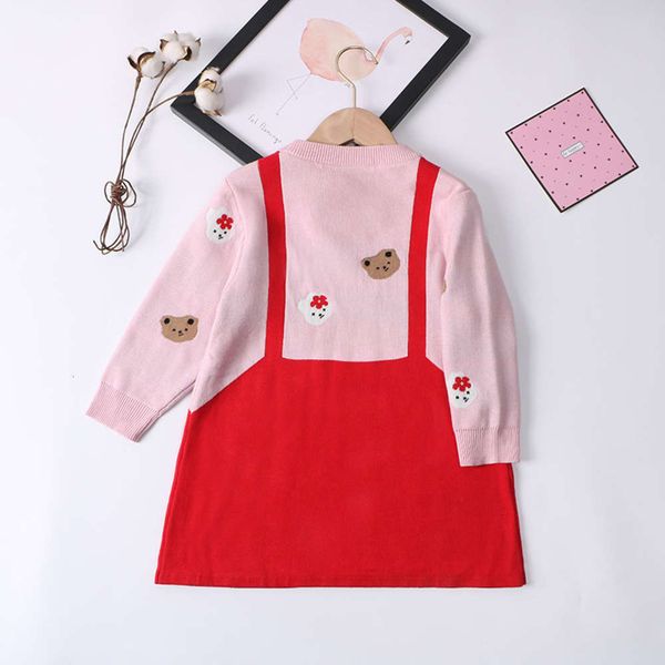 

children's autumn and cotton winter new fake two girls kt bow knitted long sve wool drs xty1, Red;yellow