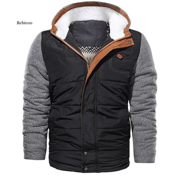 

winter jacket men casual warm parkas thick fleece cotton hooded fur coats patchwork male cotton-padded jacket euro size overcoat, Black