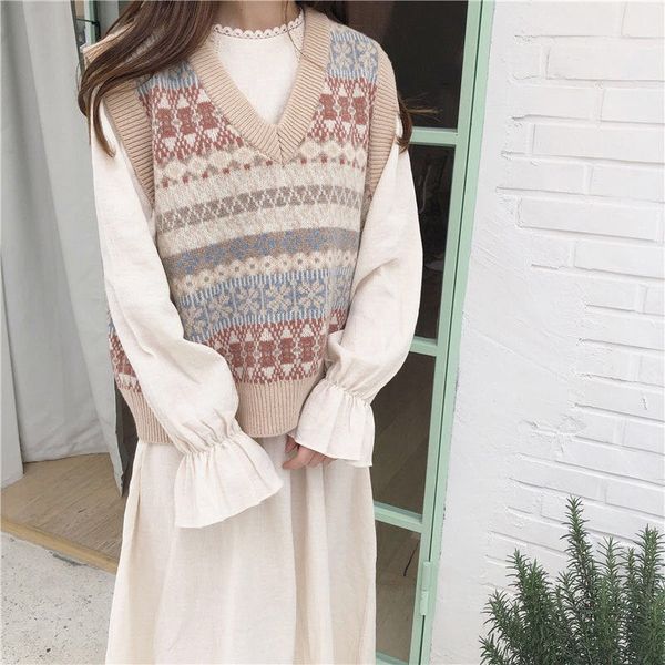 

sllsky ins v neck knitted sweater vest autumn winter korean style sleeveless vest sweater short loose female pullovers vest lj201204, Black;white