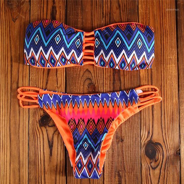 

retro women hollow swimsuit push up bikini set print swimwear strapless padded bra beach bathing suits1, White;black