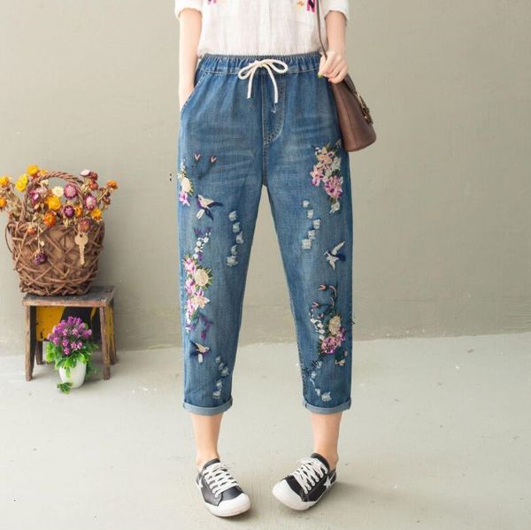 

high harem jeans 2021 loose plus size embroidered elastic waistband brim pants p1580 i7dv, Black;white