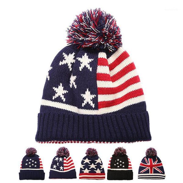 

europe and america popular flag stripe stars pattern knitted wool cap autumn winter men&women couple ball ear protect warm hat1