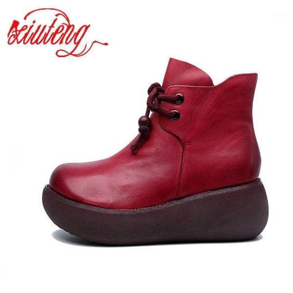

xiuteng 2020 genuine leather autumn boots shoes women ankle boots female lace-up wedges women boot platform shoes warm1, Black