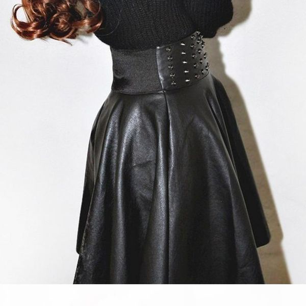 

new 2017 fall winter fashion pu leather high waisted skirts womens vintage the rivet pleated a-line mini skirt, Black