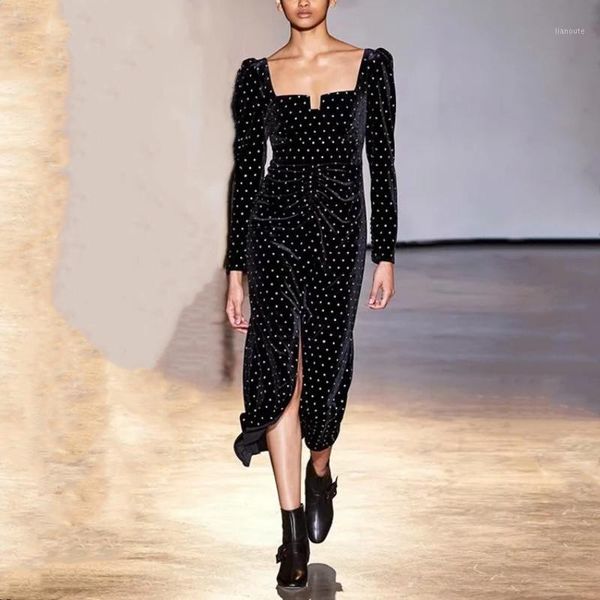 

vintage spring autumn dress women 2021 runway designers luxury diamonds long sleeve front split black velvet woman dress np1328c1, Black;gray