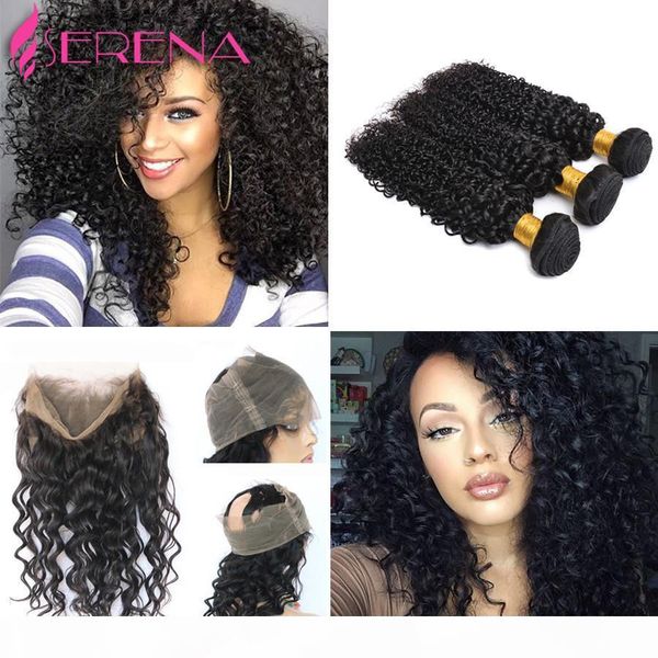 

360 lace frontal closure with bundles pre plucked lace frontal weave loose wave curly peruvian virgin hair with frontal closure, Black;brown