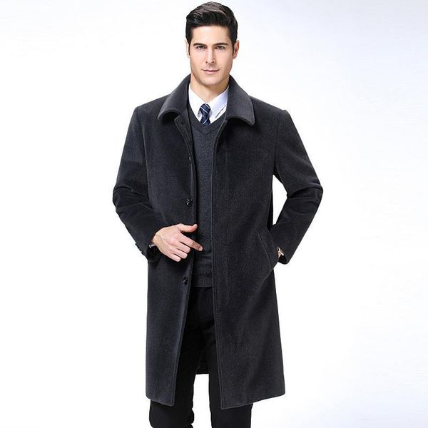 

cashmere coat autumn and winter fur collar long thick coat middle-aged father men's wool woolen1, Black