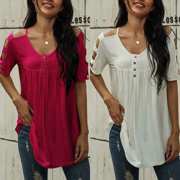 

fashion soft solid blouse summer hollow out loose shirt o-neck short sleeve womens button and blouses casual women tunic, White