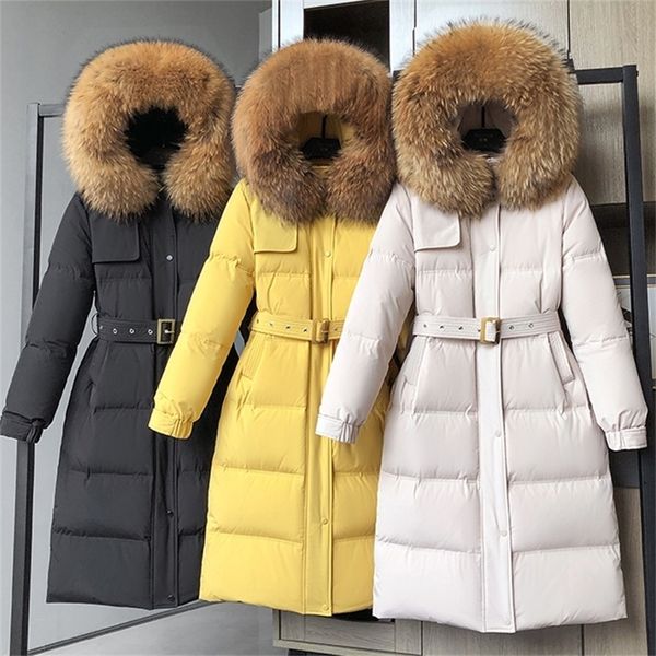

women coat hooded big natural raccoon fox fur collar 90% white duck down jacket female korean ladies outerwear with belt y201001, Black