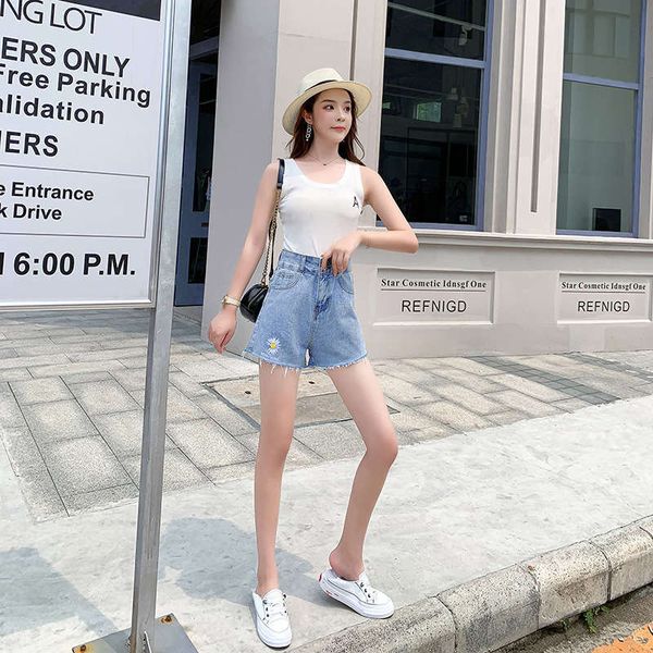 

small daisy denim shorts women's autumn 2020 new high waist wide leg ins loose korean thin a-line pants, Blue