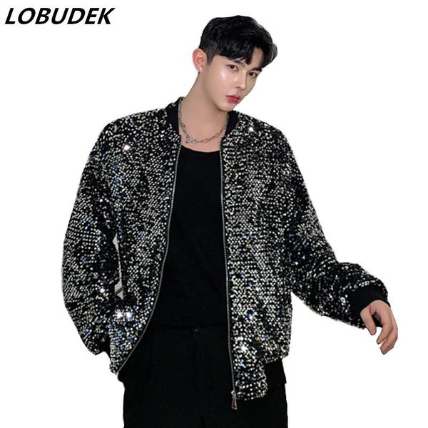 

2020 spring autumn silver black sequins beads flakes jacket o-neck loose casual coat male hip hop street dance jackets outerwear, Black;brown
