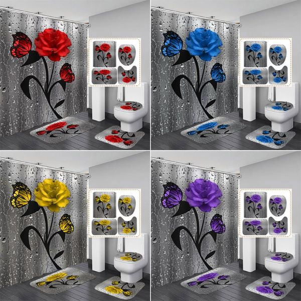 

multiple colors rose butterfly shower curtains waterproof water drop flower bathroom curtain and rug set toilet cover home decor