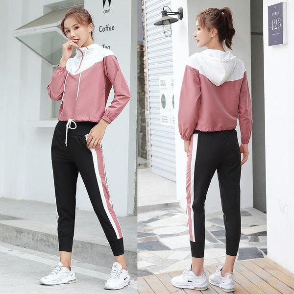 

yoga outfits set of 5 pieces for outdoor activities, women's trousers + hooded jacket , fast running dry fitness gym sportswear, White;red