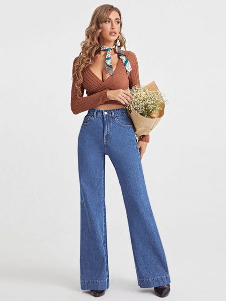 

high waist wide leg jeans 82en#, Blue