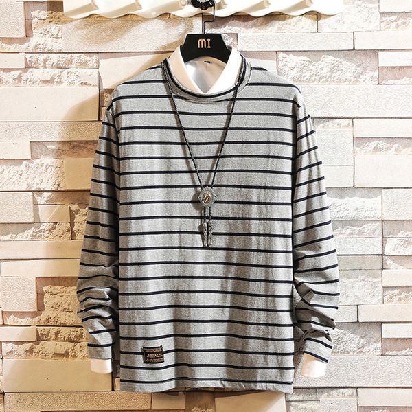 

2021 new autumn spring fashion oversized a striped piece male tshirt long sleeve the neck shirt for man t 2arq, White;black