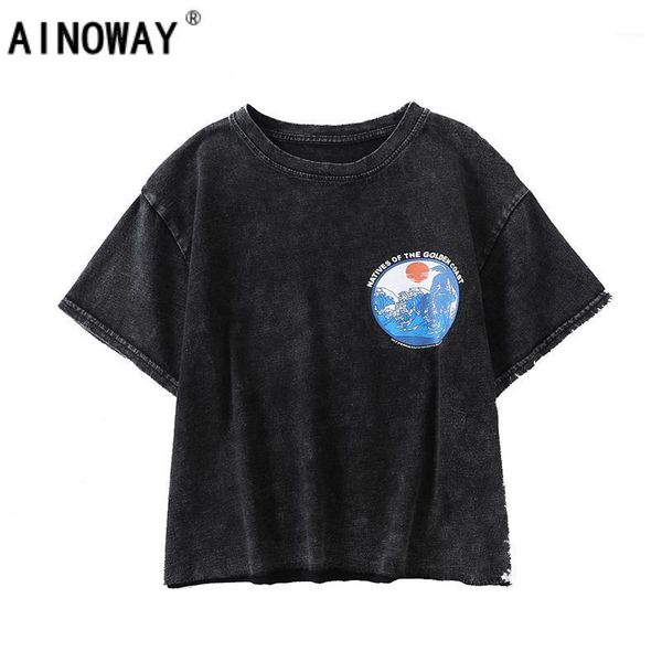 

vintage fashion women harajuku old washed o-neck t-shirt fashion crop print cotton nice short sleeve t-shirt1, White