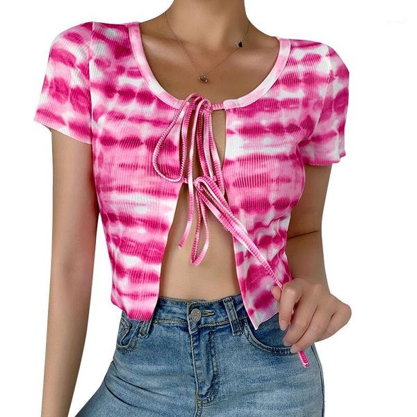 

new women's t-shirts short cardigan casual open front tie knot short sleeve print tie dye print string bandage 20201, White