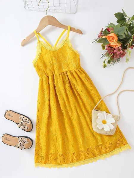 

girls crisscross back lace cami dress she, Red;yellow