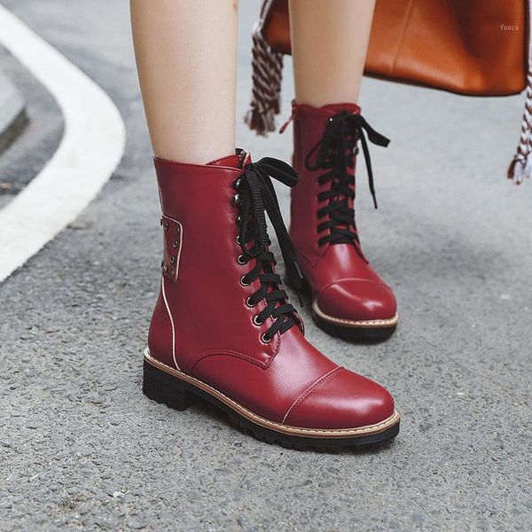 

boots casual comfortable round toe ankle strap rivet zipper black yellow red medium heel thick motorcycle women's shoes1