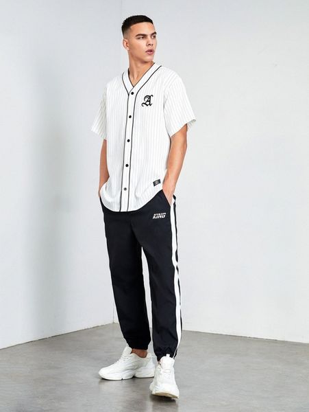 

men letter graphic contrast binding shirt d1qx#, White;black