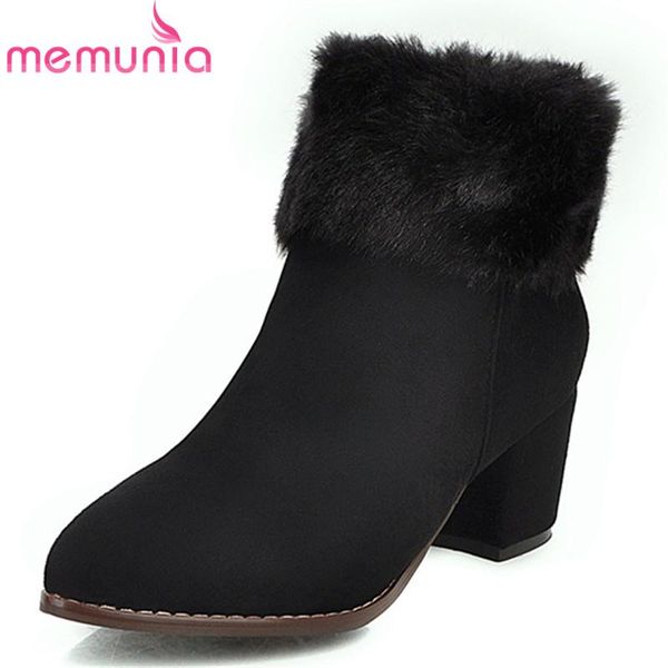 

memunia 2020 new arrival women ankle boots flock pointed toe zip autumn winter boots square heels dress party shoes ladies, Black