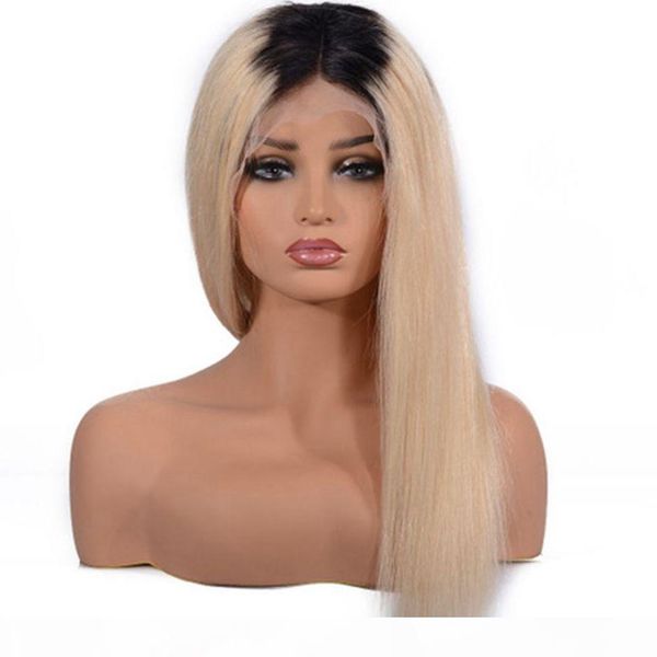 

1b 613 straight hair lace front wigs pre-plucked brazilian human hair blonde wig with dark black roots, Black;brown