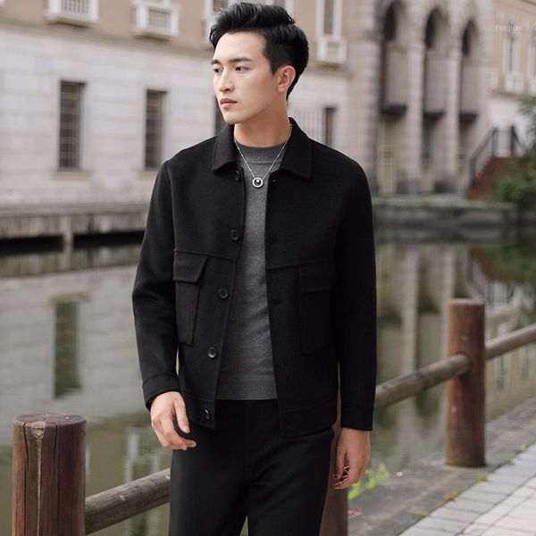 

qiu dong season double cashmere coat jacket, short male tooling yet popular logo handsome men wool coat1, Black