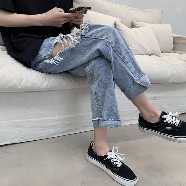 

creative ripped jeans male personality hip-hop loose straight korean summer thin scratched beggar ankle length harem pants1, Blue