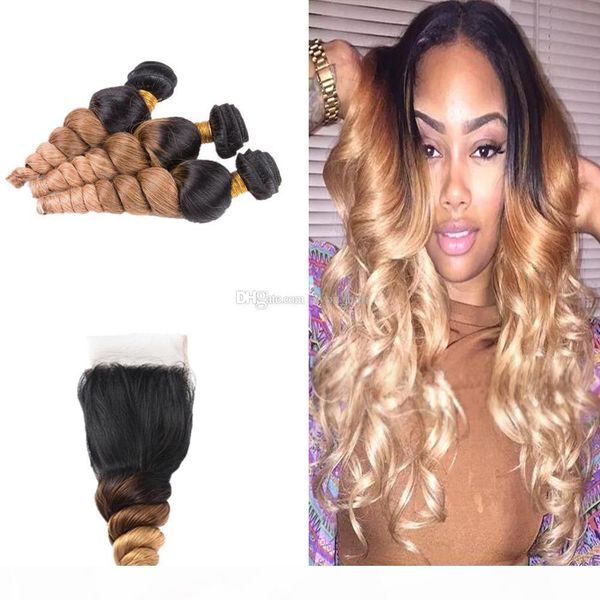 

ombre colored 1b 4 27 loose curly hair with closure 4x4 honey blonde 1b 4 27 loose wave hair weft 3pcs with closure, Black;brown