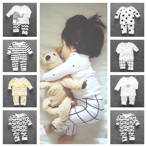 

children autum winter pajamas sets ins kids boy girls toddler homewear long sleeve two piece clothing cotton t-shirt pants outfits g12802, White