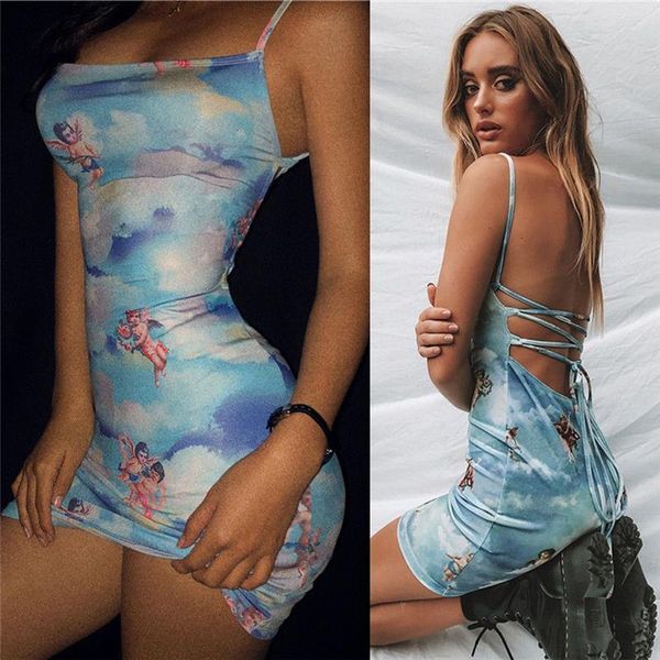 

2021 backless summer dress cross strapped women dress cupid print sheath ladies dress fashion short mini clubwear s l, Black;gray