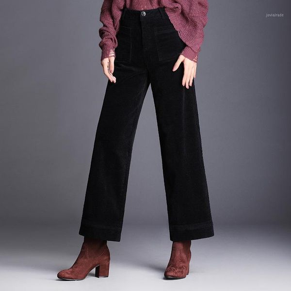 

women's pants & capris autumn winter women high waist loose casual corduroy wide leg office lady elegant plus size ankle-length trouser, Black;white