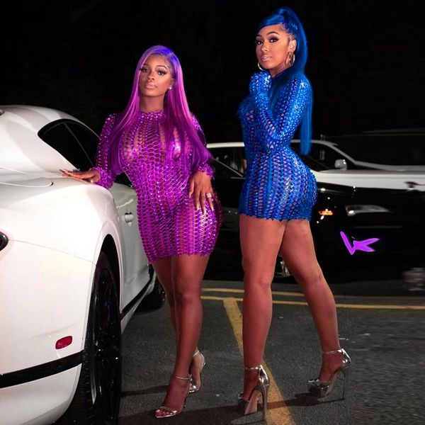 

dresses women autumn solid color round neck high waist skinny short dress hollow out perspective long sleeve dress clubwear, Black;gray