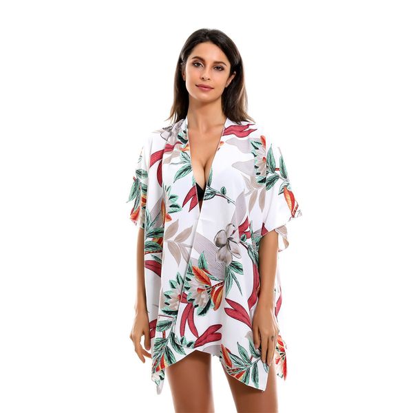 

platform new style fashion plant flower pattern sunscreen blouse kimono cardigan, Blue;gray