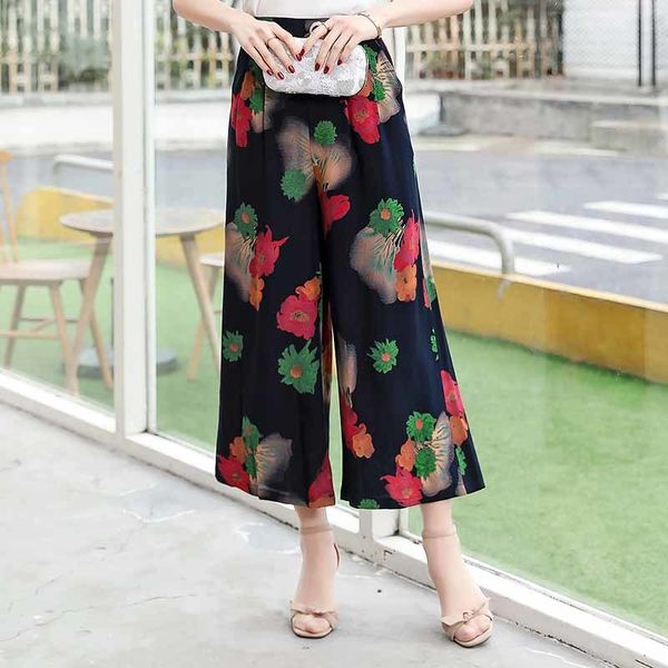 

2021 new women pants summer casual retro print wide leg pants high waist wide legs trousers elastic waist jlif, Black;white